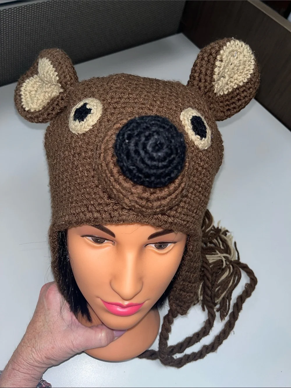 Source Unknown Brown Bear Crochet Earflap Hat with Beige Accents